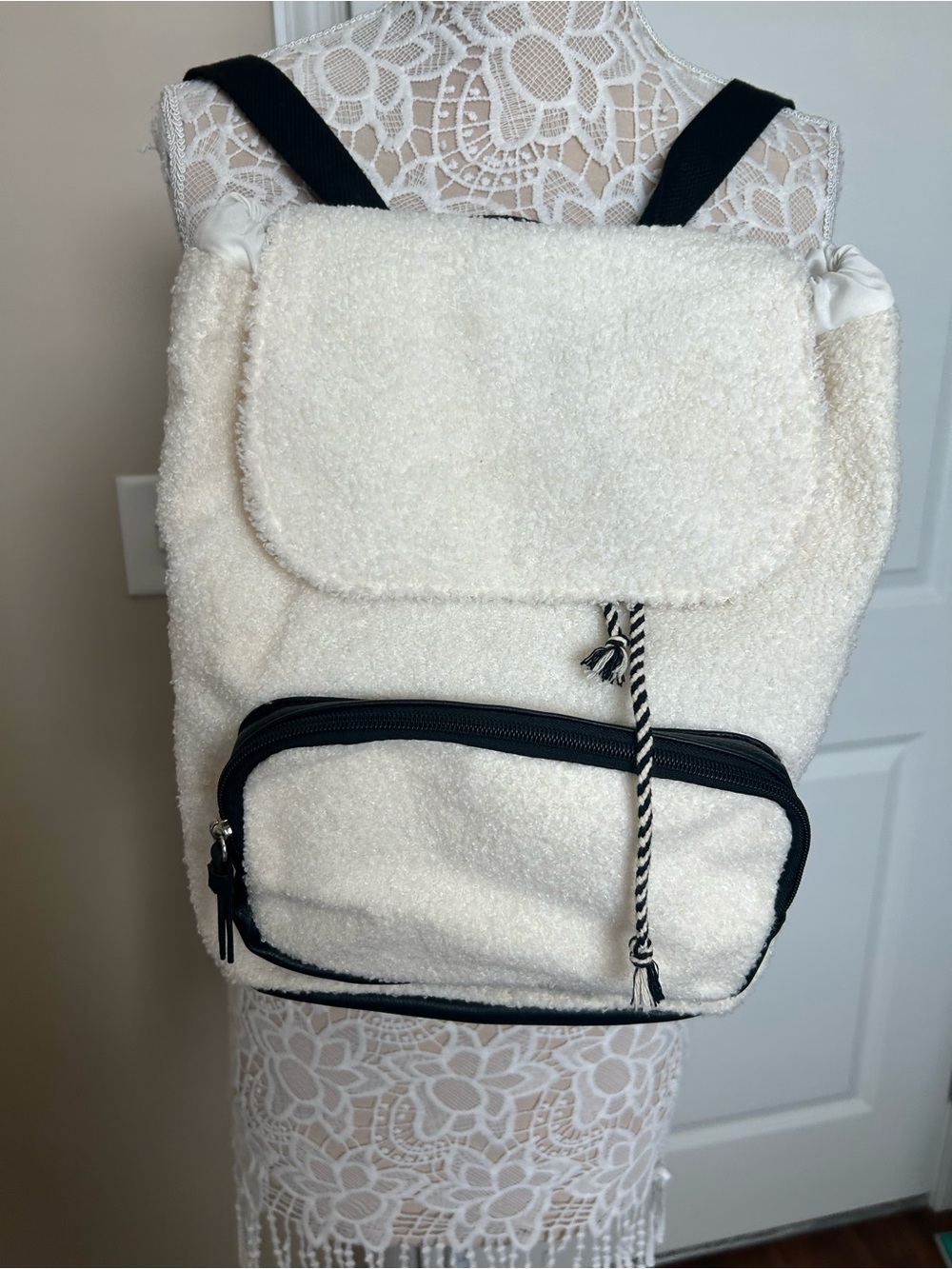 Madden Girl Cream Sherpa Backpack with Black Trim